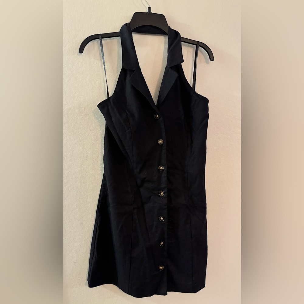 NWT Monteau Los Angeles Black Halter Button Linen Blend Dress - Medium